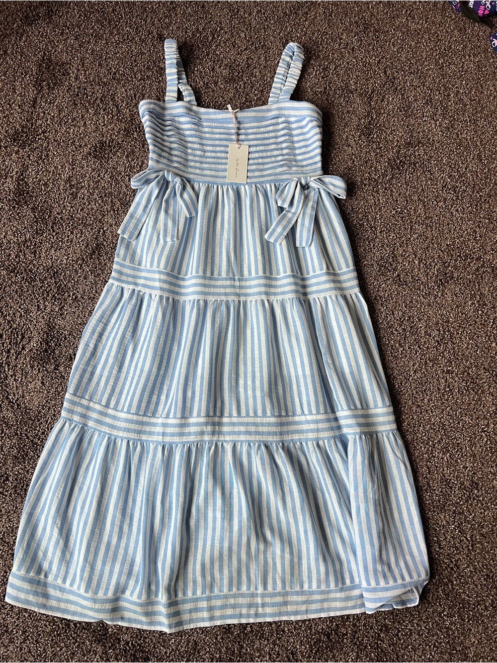 Women's Light Blue & White Striped Casual Sundress with Ties